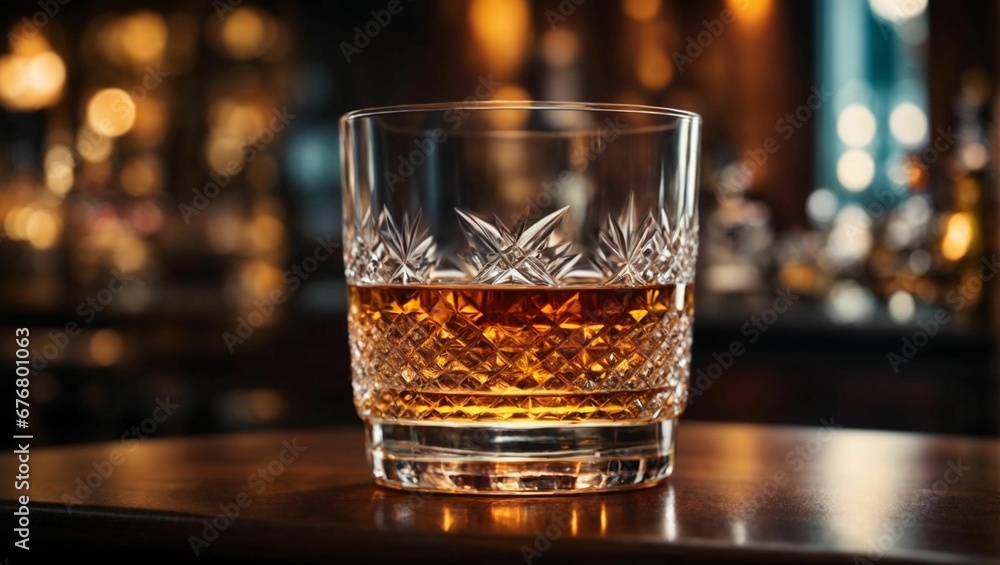 AI generated illustration of an amber whiskey in a crystal glass