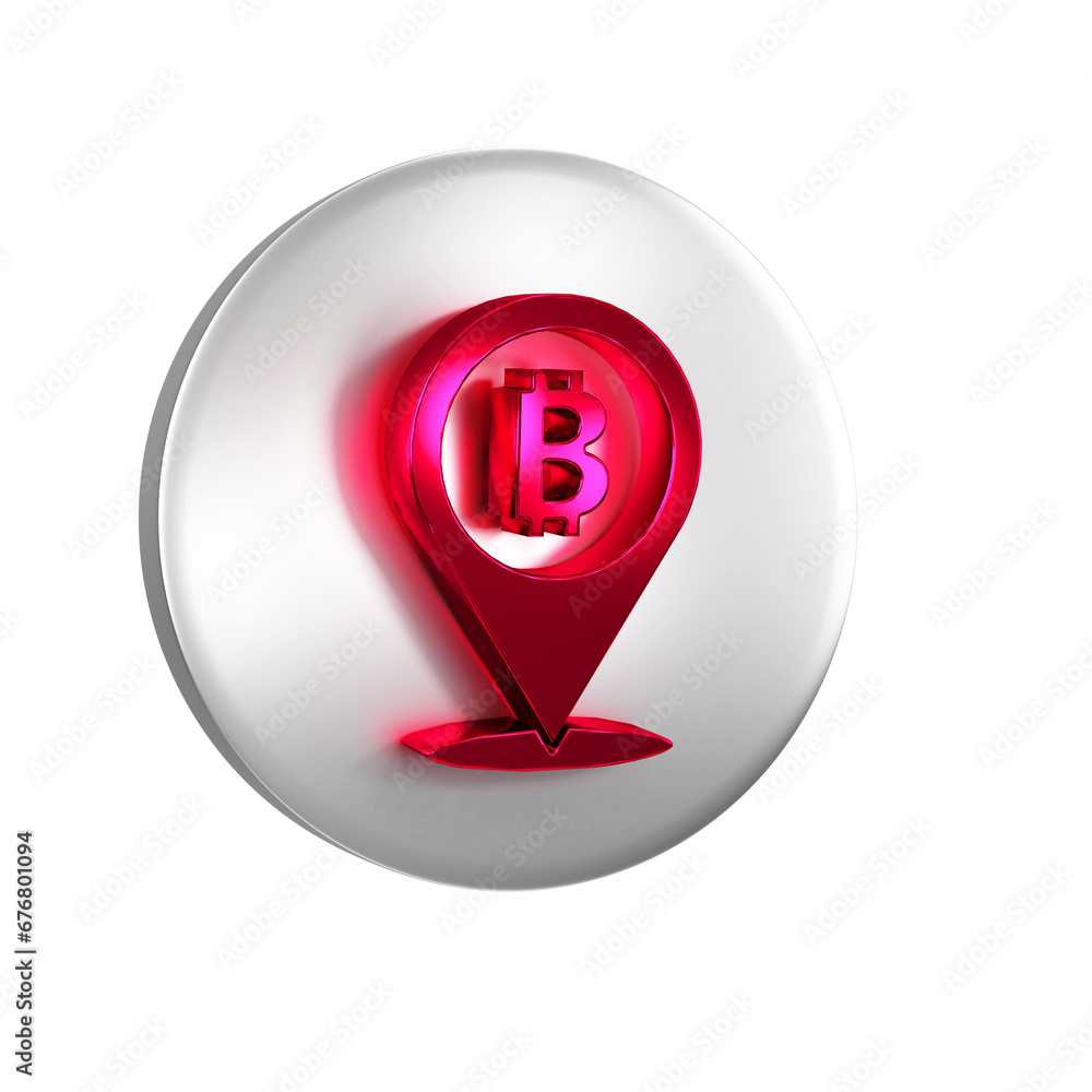 Red Location bitcoin icon isolated on transparent background. Physical bit coin. Blockchain based secure crypto currency. Silver circle button. Red Location bitcoin icon isolated on transparent background. Physical bit coin. Blockchain based secure crypto currency. Silver circle button.