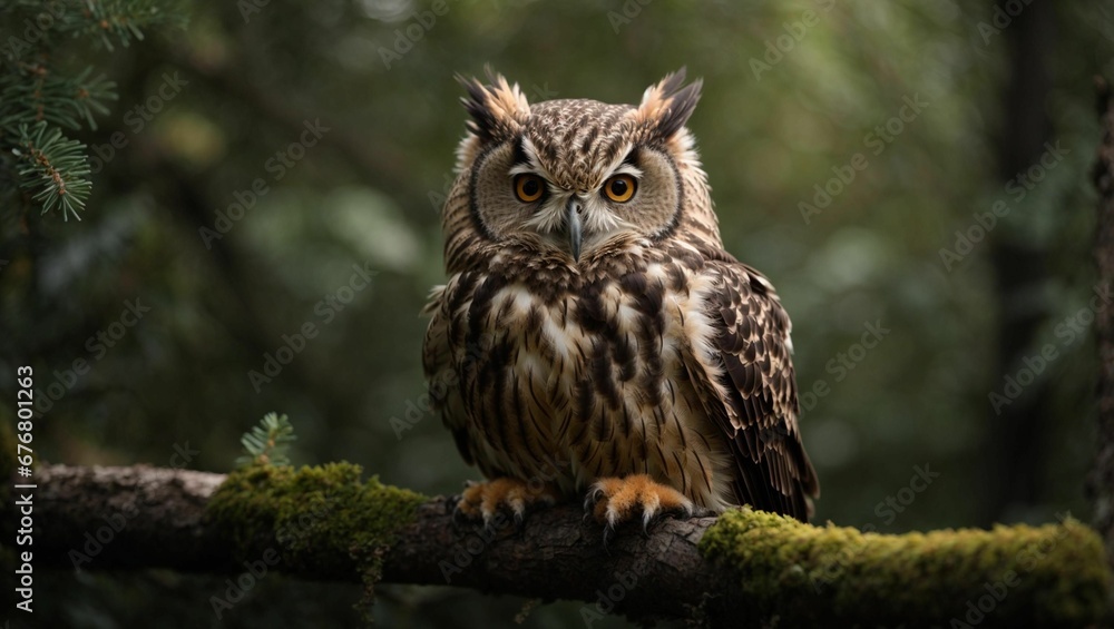 AI generated illustration of a Eurasian eagle-owl perched on a mossy branch in a dense forest AI generated illustration of a Eurasian eagle-owl perched on a mossy branch in a dense forest