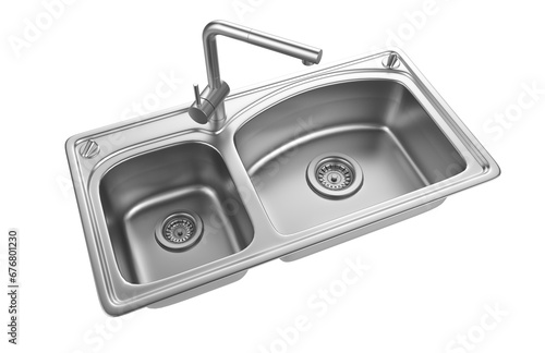 A stainless steel kitchen sink isolated on a white background, equipped with a faucet, and rendered in 3D.