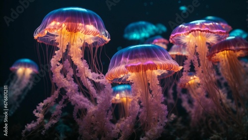 AI generated illustration of bioluminescent jellyfish gliding underwater with vibrant colors