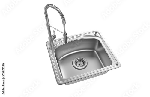 A stainless steel kitchen sink isolated on a white background, equipped with a faucet, and rendered in 3D.