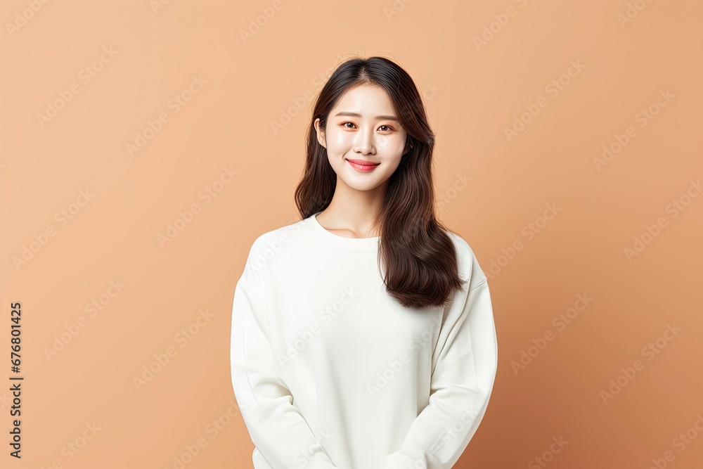 portrait of attractive Korean girl in sweater, showing promotional offer, single color background, generative ai portrait of attractive Korean girl in sweater, showing promotional offer, single color background, generative ai