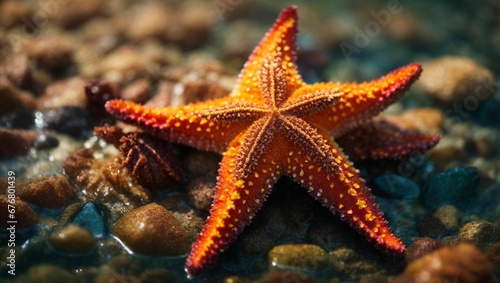 AI generated illustration of a starfish basking on a pebbly beach © Wirestock
