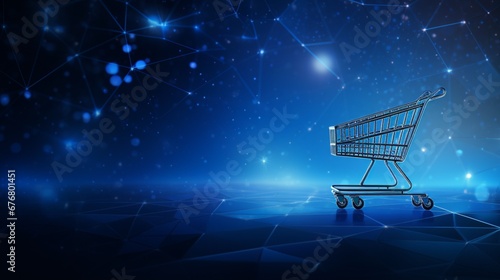 shopping cart blue glowing light, Shopping card full of presents. blue, polygonal style for E-commerce online shopping, Marketplace platform website