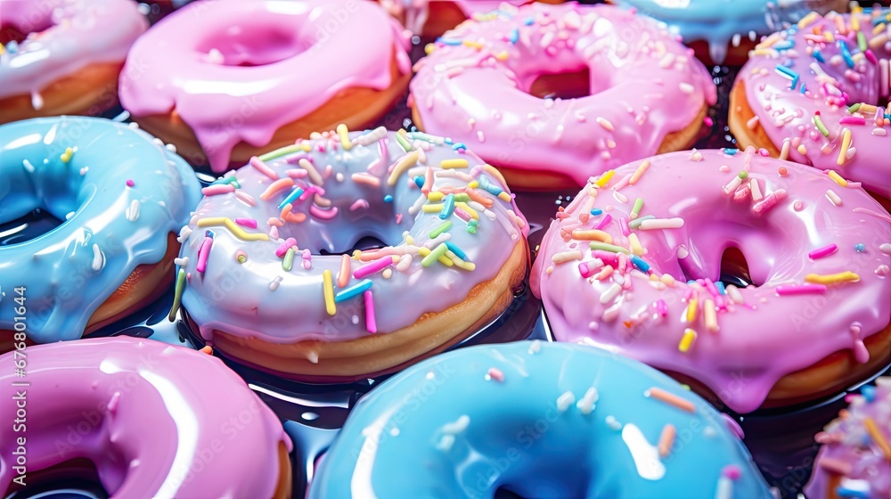  a bunch of doughnuts with sprinkles and blue and pink frosting on top of them.  generative ai