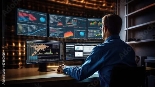 analyst uses computer and dashboard for data business analysis and Data Management System with KPI and metrics connected to the database for technology finance, operations, sales, marketing.