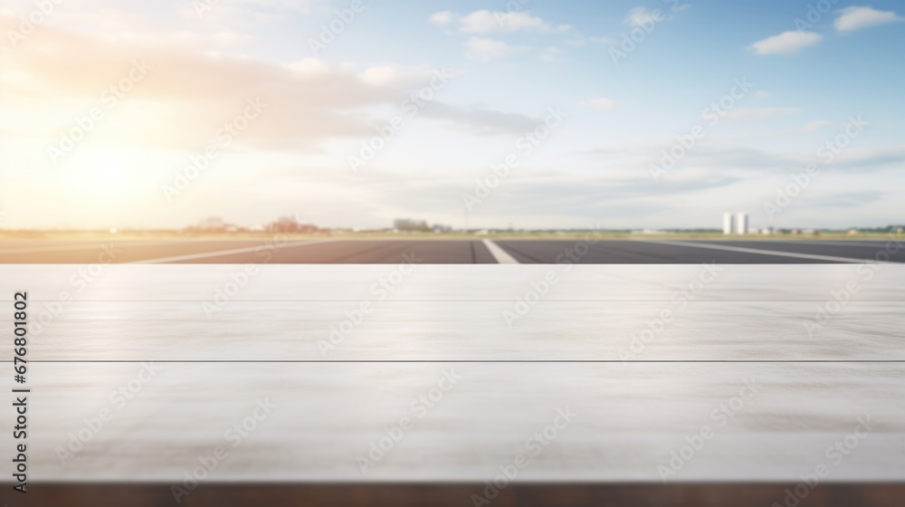 empty table white top with blur background of runway airport, Advertisement, Print media, Illustration, Banner, for website, copy space, for word, template, presentation