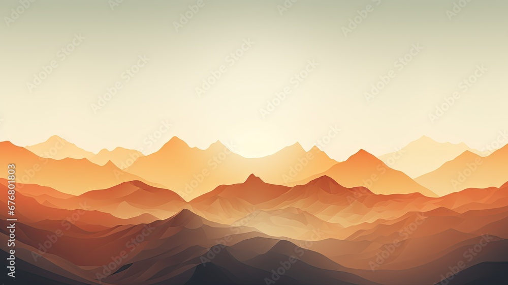  a view of a mountain range with the sun setting in the distance and a bird flying over the top of the mountain.  generative ai