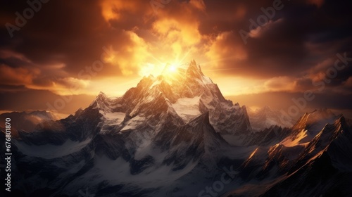  a very large mountain covered in snow under a cloudy sky with the sun in the middle of the top of it.  generative ai
