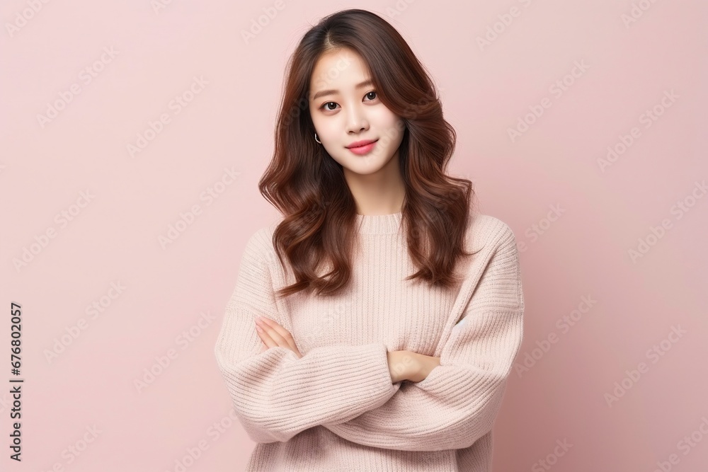 portrait of attractive Korean girl in sweater, showing promotional offer, single color background, generative ai