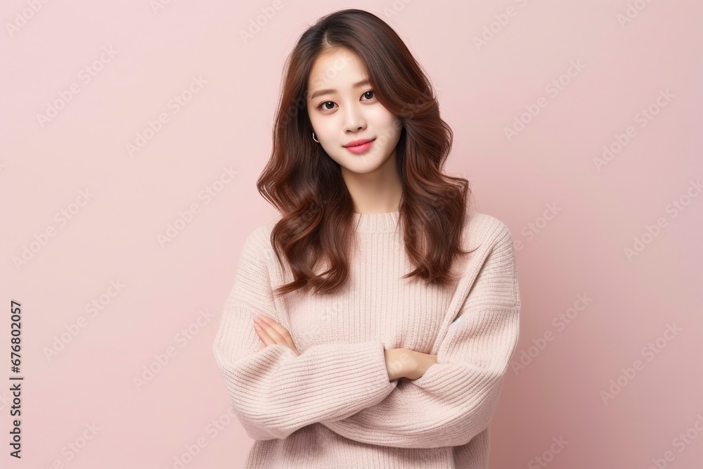 portrait of attractive Korean girl in sweater, showing promotional offer, single color background, generative ai portrait of attractive Korean girl in sweater, showing promotional offer, single color background, generative ai