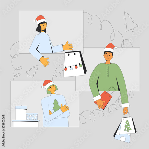 Three friends videoconferencing to exchange holiday gifts.