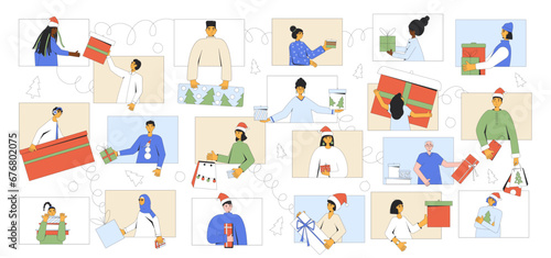 People videoconferencing to exchange holiday gifts. Online Christmas