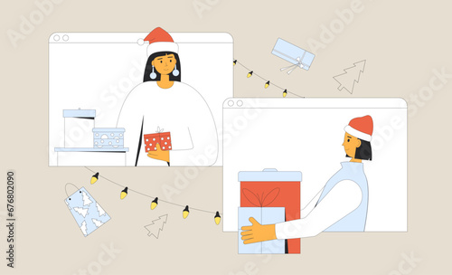 Share virtual gifts on the Internet. Online Christmas date.