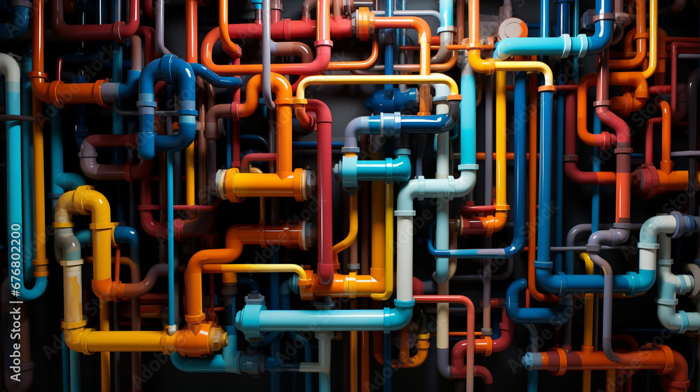 Pipes of various colors are tangled that are attached to the wall. All well connected. 3D graphic background design. Pipes of various colors are tangled that are attached to the wall. All well connected. 3D graphic background design.