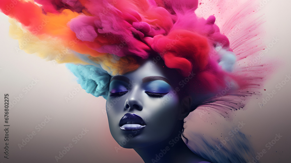 Young woman surrounded by a colorful cloud of smoke on isolated pastel blue background. Abstract fashion concept. Close-up portrait of top model.
