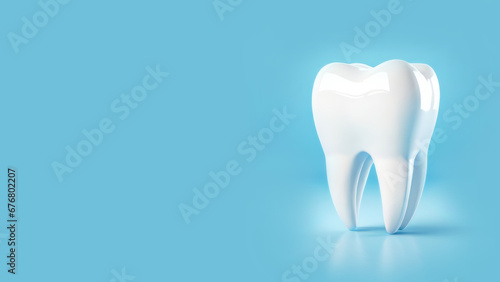 Dental care concept with healthy tooth on clean soft blue background studio shot. Web banner or presentation template with copy space.