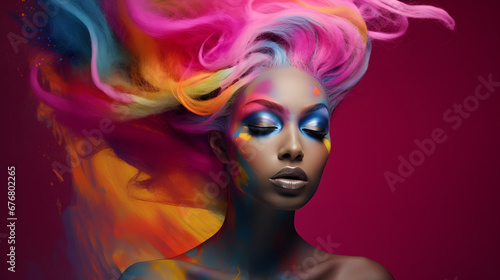 Young woman surrounded by a colorful cloud of smoke on isolated pastel blue background. Abstract fashion concept. Close-up portrait of top model. 