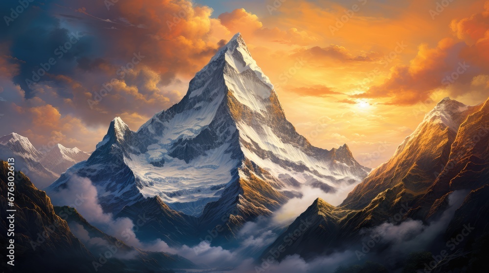 a painting of a mountain with clouds in the foreground and a setting sun in the sky in the background.  generative ai