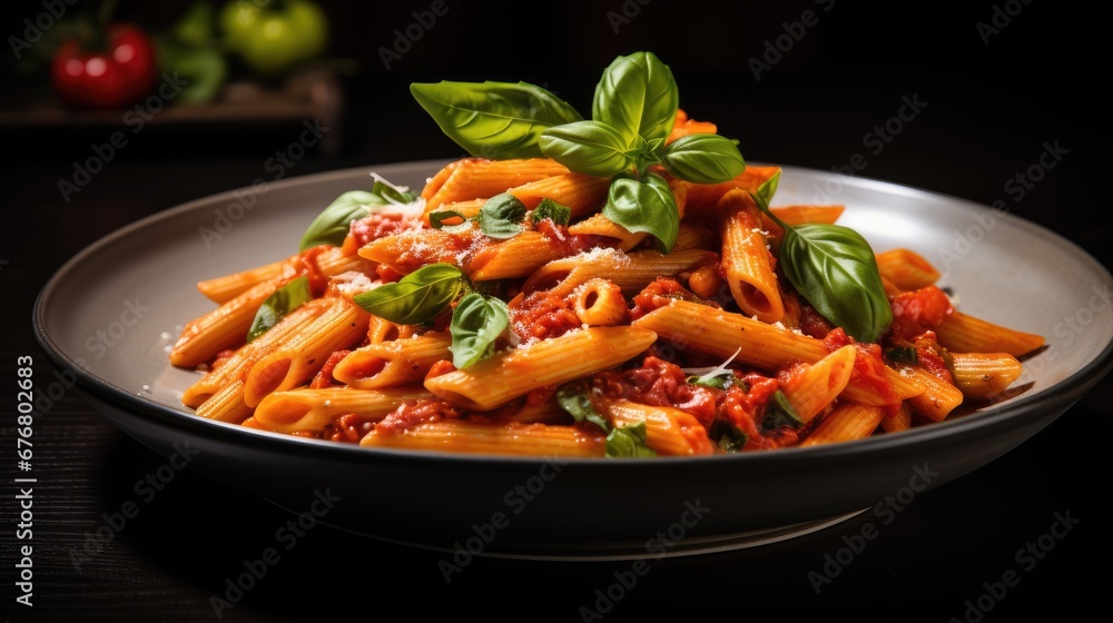 a close up of a plate of pasta with sauce and basil on a wooden table with a knife and fork. generative ai a close up of a plate of pasta with sauce and basil on a wooden table with a knife and fork. generative ai