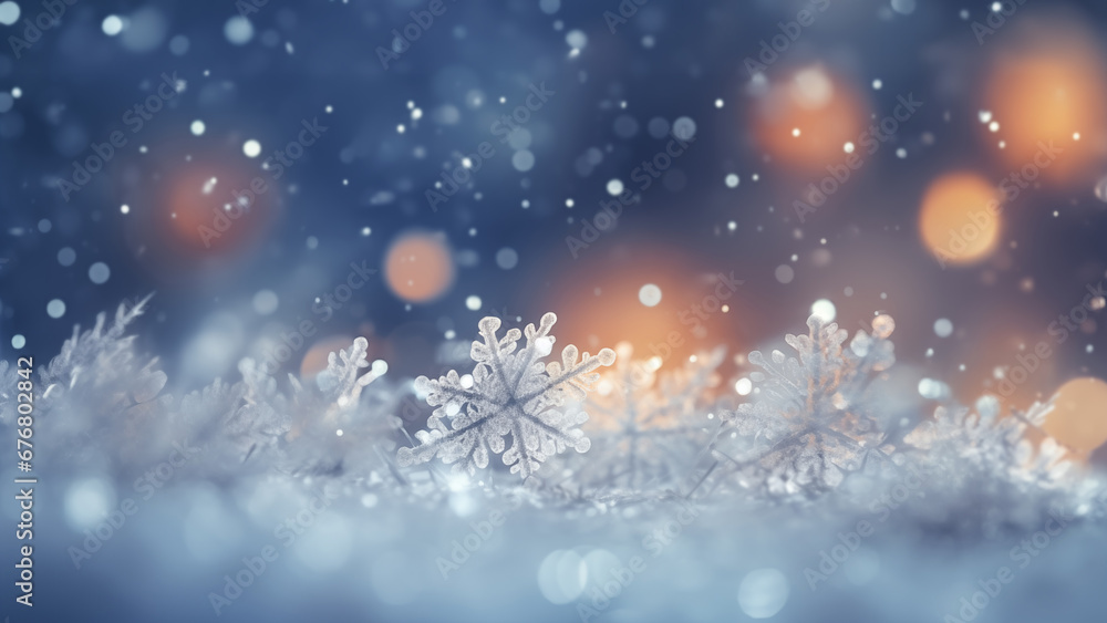 Snowflakes on light bokeh background, Soft snowflakes christmas texture, At close range, Snowfall, Nature, copy space, generative ai Snowflakes on light bokeh background, Soft snowflakes christmas texture, At close range, Snowfall, Nature, copy space, generative ai
