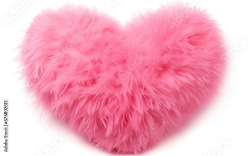 Big pink plush heart isolated on white background. Fluffy, shaggy decoration. Valentines day, engagement or wedding party poster. AI Generative