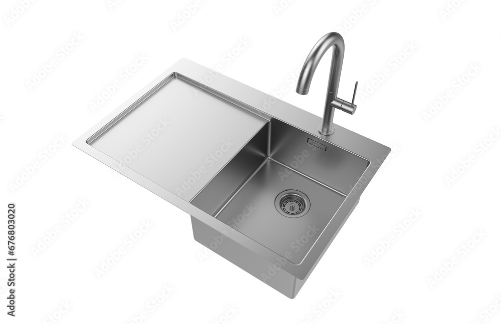 A stainless steel kitchen sink isolated on a white background, equipped with a faucet, and rendered in 3D. A stainless steel kitchen sink isolated on a white background, equipped with a faucet, and rendered in 3D.
