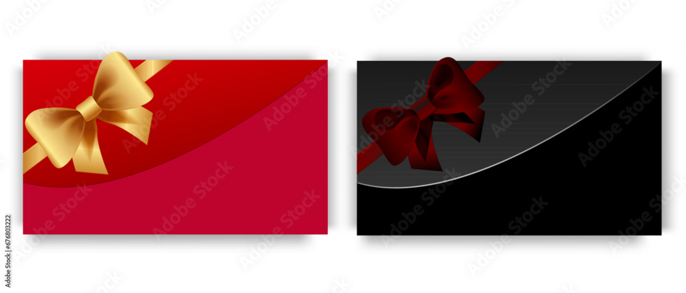 A set of gift cards in stylish red and black with a gold and red bow. Template useful for design, shopping card, voucher or gift coupon. Vector illustration.