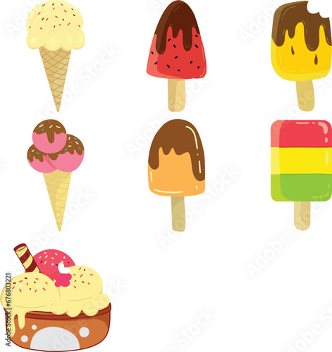 Various flavors Ice cream with chocolate topings and springkles