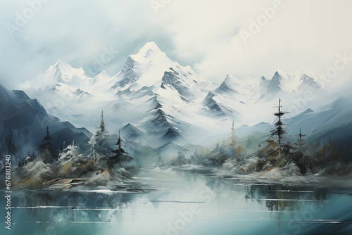 A highly similar abstract mountain painting with only the color white, without any other colors