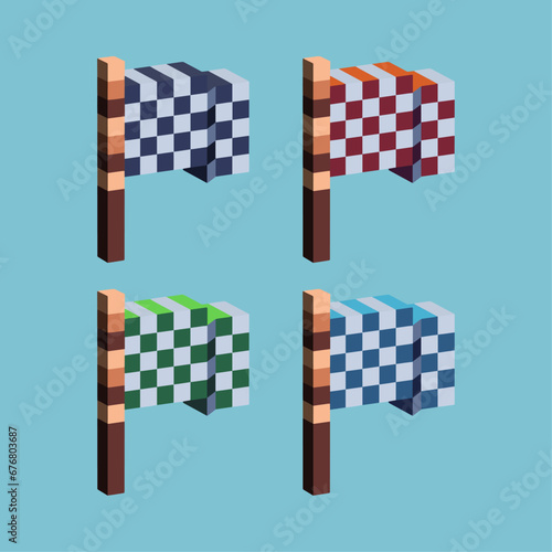 Isometric Pixel art 3d of race flag for items asset. Racing flag on pixelated style.8bits perfect for game asset or design asset element for your game design asset.