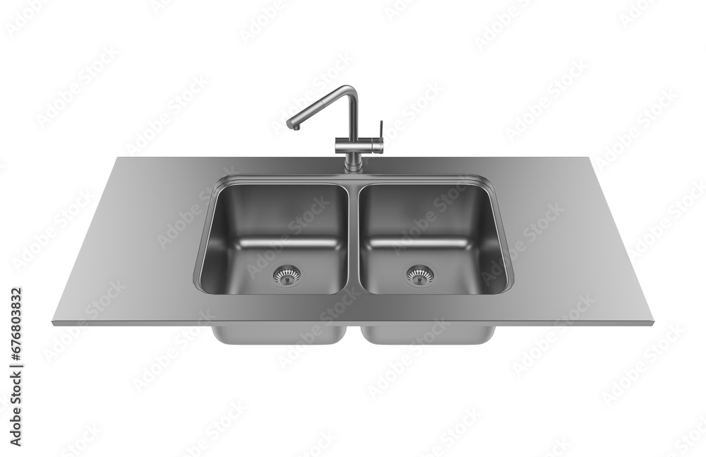 A stainless steel kitchen sink isolated on a white background, equipped with a faucet, and rendered in 3D. A stainless steel kitchen sink isolated on a white background, equipped with a faucet, and rendered in 3D.