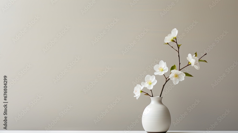  a white vase filled with white flowers on top of a white table with a gray wall in the back ground.  generative ai - obrazy, fototapety, plakaty 