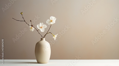  a white vase filled with white flowers on top of a white table with a brown wall in the back ground.  generative ai © Anna