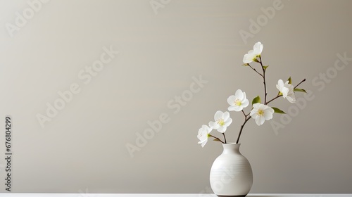  a white vase filled with white flowers on top of a white table with a gray wall in the back ground.  generative ai © Anna