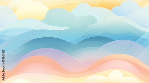  a painting of a blue, yellow, and pink wave on a yellow and blue background with a sky in the background. generative ai