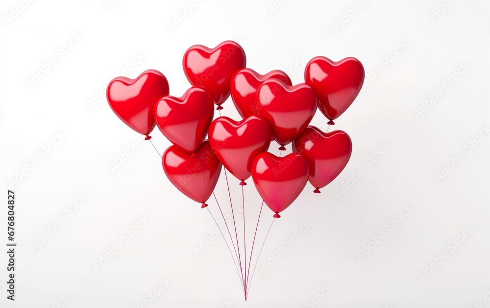 Bunch of red heart shaped latex balloons isolated on white background. Valentines day, engagement or wedding party poster. AI Generative