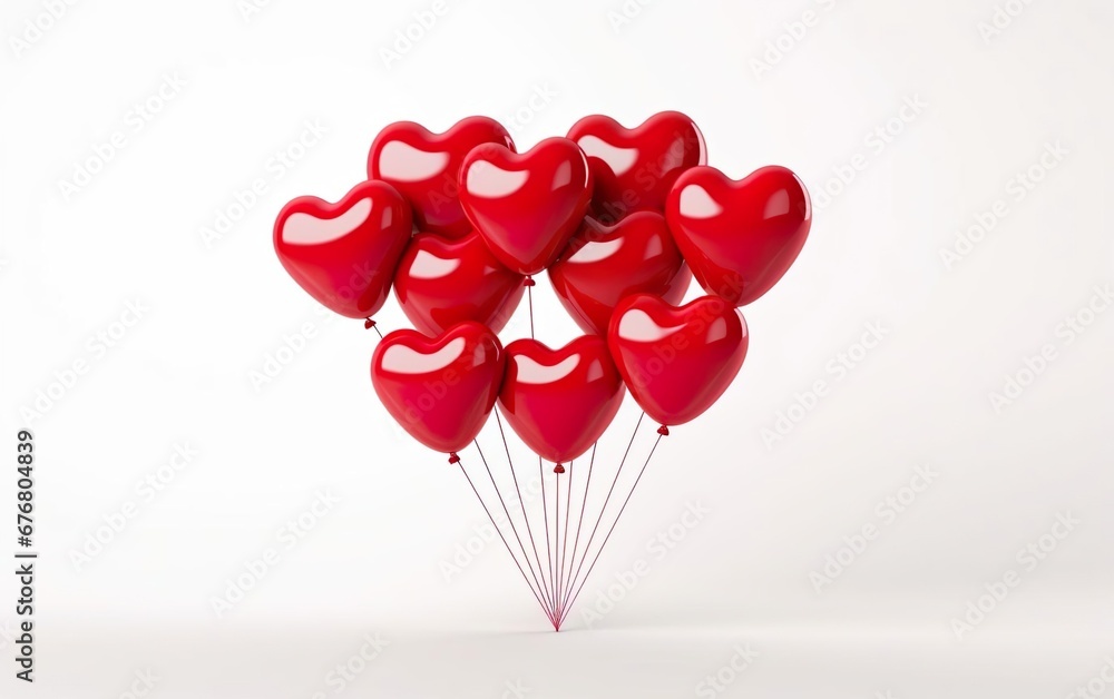 Bunch of red heart shaped latex balloons in the center isolated on white background. Valentines day, engagement or wedding party poster. AI Generative