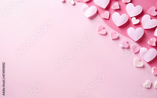 Pastel doll style pink background with scattered paper hearts, top view, over the shoulder, copy space at the left. Valentines day, engagement or wedding party poster. AI Generative
