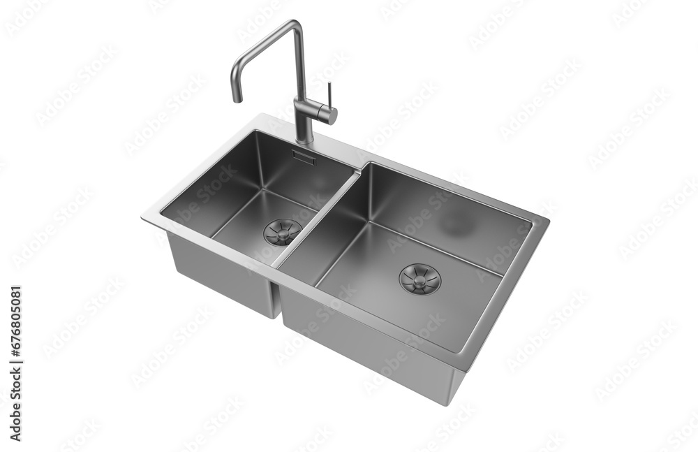 A stainless steel kitchen sink isolated on a white background, equipped with a faucet, and rendered in 3D. A stainless steel kitchen sink isolated on a white background, equipped with a faucet, and rendered in 3D.