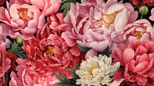  a close up of a bunch of flowers on a black background with red  pink  and white peonies.  generative ai