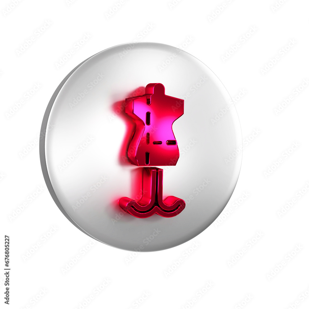 Red Mannequin icon isolated on transparent background. Tailor dummy. Silver circle button. Red Mannequin icon isolated on transparent background. Tailor dummy. Silver circle button.
