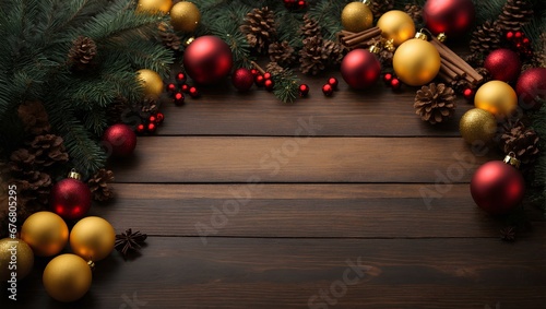 christmas, decorative, tree, holiday, winter, background, year, new, celebration, frame, wooden, wood, table, red, fir, space, greeting, branch, green, card, xmas, merry, seasonal, gift, copy, border