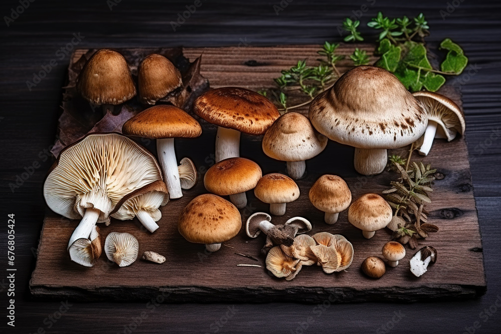 Fresh forest mushrooms /Boletus edulis (king bolete) / penny bun/ porcini/mushroom in an old bowl/plate and rosemary parsley herbs on the wooden dark brown table, top view background banner