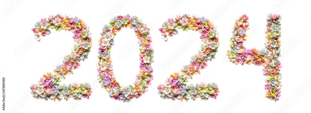 Flowers number 2024 made of colorful flowers on white. Floral numbers. Merry Christmas and Happy New Year 2024. Banner
