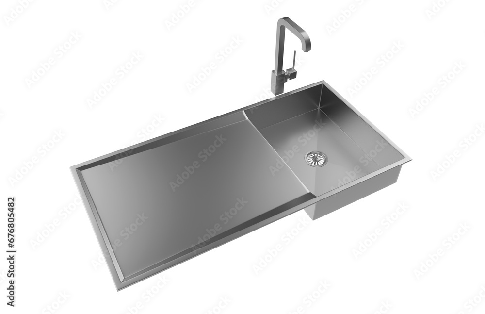 A stainless steel kitchen sink isolated on a white background, equipped with a faucet, and rendered in 3D. A stainless steel kitchen sink isolated on a white background, equipped with a faucet, and rendered in 3D.
