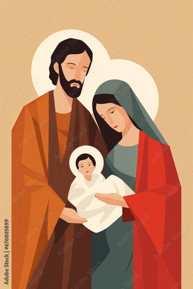 Holy Family, Mary, Joseph, and baby Jesus, in a flat minimalist design. AI generated illustration
