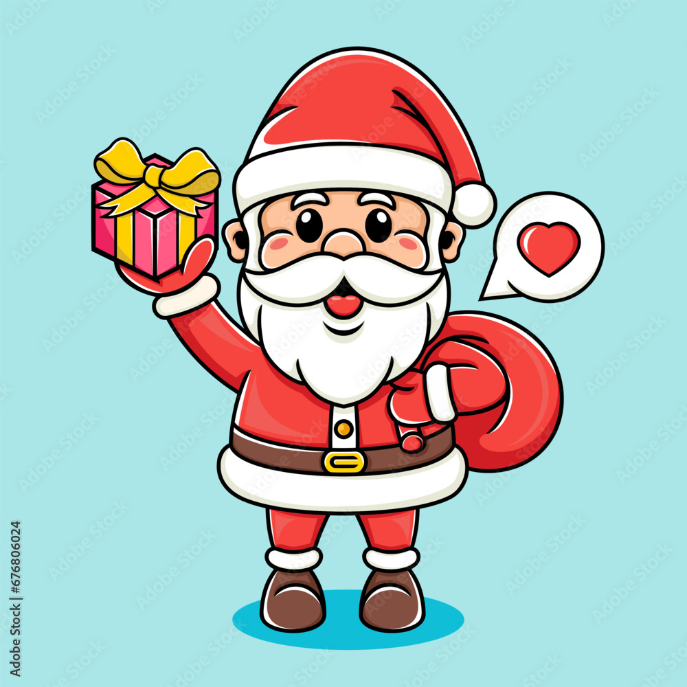 cartoon illustration vector of Santa giving a gift box and carrying a gift bag, funny, cute. cartoon illustration vector of Santa giving a gift box and carrying a gift bag, funny, cute.