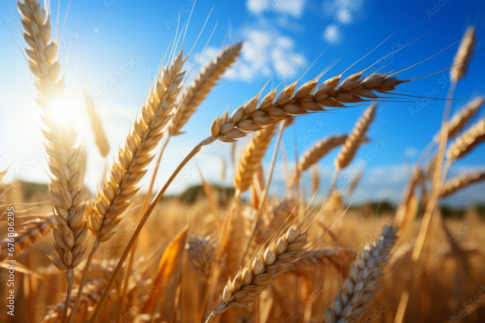 Radiant wheat field on sunny summer day, perfect for product placement in farm background Radiant wheat field on sunny summer day, perfect for product placement in farm background